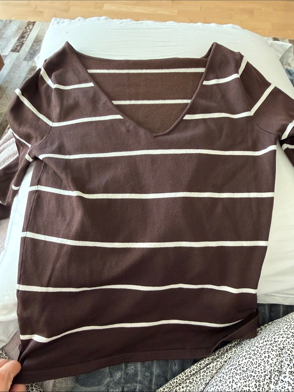 Ralph Lauren Silk Brown and White Striped V-Neck Sweater
